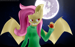 Size: 1597x1009 | Tagged: safe, artist:sakishithewolf, character:flutterbat, character:fluttershy, species:anthro, species:bat pony, apple, female, food, full moon, mare in the moon, moon, race swap, solo, spread wings, wings