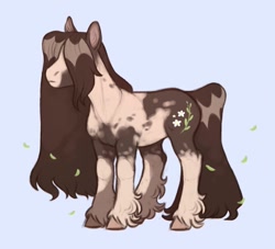 Size: 960x872 | Tagged: safe, artist:kapusha-blr, oc, oc only, species:earth pony, species:pony, fluffy, frown, gradient background, hair over eyes, hidden eyes, leaves, long hair, long mane, pinto, solo, unshorn fetlocks