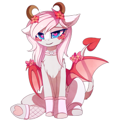 Size: 2377x2496 | Tagged: safe, artist:magnaluna, oc, oc only, oc:minxy bearheart, species:pony, chest fluff, collar, commission, demon, female, flower, flower in hair, heart, heart eyes, horn, mare, monster mare, simple background, sitting, solo, succubus, succupony, transparent background, wingding eyes, wings