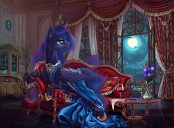 Size: 5411x3989 | Tagged: safe, artist:devinian, character:princess celestia, character:princess luna, character:tiberius, species:alicorn, species:pony, absurd resolution, alcohol, apple, balcony, beautiful, book, cewestia, clothing, cloud, couch, cute, drapes, dress, ear piercing, female, filly, flower, food, fruit, glass, grapes, horn ring, hug, jewelry, lidded eyes, looking back, luxury, majestic, mare, moon, night, picture, piercing, pink-mane celestia, prone, scenery, scenery porn, sitting, smiling, solo focus, table, technical advanced, teddy bear, vase, window, wine, wine glass, woona, younger