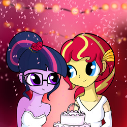 Size: 1280x1280 | Tagged: safe, artist:tjpones, character:sunset shimmer, character:twilight sparkle, character:twilight sparkle (scitwi), species:eqg human, ship:scitwishimmer, ship:sunsetsparkle, my little pony:equestria girls, cake, clothing, cute, dress, female, food, gift art, glasses, lesbian, marriage, shimmerbetes, shipping, smiling, twiabetes, wedding, wedding dress