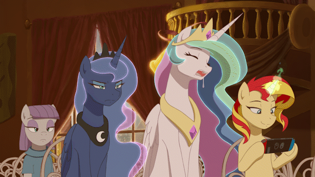 Size: 640x360 | Tagged: safe, artist:deannart, character:maud pie, character:princess celestia, character:princess luna, character:sunset shimmer, species:alicorn, species:earth pony, species:pony, species:unicorn, episode:slice of life, g4, my little pony: friendship is magic, animated, blinking, bored, cute, cutelestia, drool, eyes closed, featured on derpibooru, female, fiery shimmer, frown, gamer sunset, gif, glare, gritted teeth, hilarious in hindsight, hoof hold, lidded eyes, luna is not amused, magic, majestic as fuck, mare, marriage, nintendo, nintendo switch, open mouth, preview, sigh, sitting, sleeping, smiling, smooth as butter, snoring, unamused, underhoof, wedding