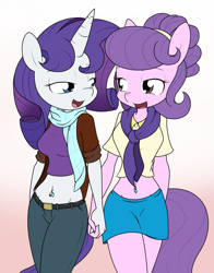 Size: 855x1091 | Tagged: safe, artist:sandwich-anomaly, character:rarity, character:suri polomare, species:anthro, species:earth pony, species:pony, species:unicorn, ship:surity, belly button, bellyring, clothing, commission, female, lesbian, looking at each other, mare, midriff, piercing, shipping, simple background, skirt, smiling