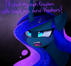 Size: 1680x1551 | Tagged: dead source, safe, artist:magnaluna, character:princess luna, species:alicorn, species:pony, abstract background, angry, bender bending rodriguez, blackjack and hookers, bust, cheek fluff, crown, curved horn, cute little fangs, dialogue, ear fluff, fangs, female, floppy ears, fluffy, frown, futurama, galaxy mane, glare, jewelry, mare, meme, nightmare luna, reference, regalia, simple background, solo, yelling
