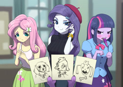 Size: 1023x723 | Tagged: safe, artist:agaberu, artist:fluttershy, artist:rarity, artist:twilight sparkle, character:fluttershy, character:rarity, character:spike, character:twilight sparkle, species:dog, species:human, my little pony:equestria girls, artception, bare shoulders, beatnik rarity, beret, blushing, bracelet, clothing, drawing, eyeshadow, female, french rarity, hat, humans doing horse things, jewelry, lidded eyes, makeup, mouth hold, offscreen character, pixiv, realistic, shirt, skirt, sleeveless sweater, smiling, smug, smugity, spike the dog, stylistic suck, sweater