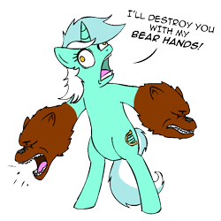 Size: 800x800 | Tagged: safe, artist:mixermike622, artist:mr square, edit, character:lyra heartstrings, species:pony, species:unicorn, bad pun, bear, bear arms, bipedal, color edit, colored, derp, dialogue, no pupils, open mouth, pun, simple background, solo, transparent background, visual gag, wat