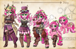 Size: 1600x1035 | Tagged: safe, artist:shepherd0821, oc, oc only, oc:precious metal, species:anthro, species:human, species:pony, species:unguligrade anthro, adorable face, anthro chart, anthro with ponies, belly button, clothing, cute, humanized, midriff, semi-anthro, solo, steampunk