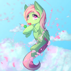 Size: 660x662 | Tagged: safe, artist:kawaiipony2, oc, oc only, oc:spectral wind, species:pegasus, species:pony, cloud, commission, cute, eating, female, flower petals, food, mare, sky, solo