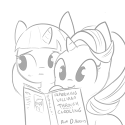 Size: 1080x1080 | Tagged: safe, artist:tjpones, character:derpy hooves, character:starlight glimmer, character:twilight sparkle, character:twilight sparkle (alicorn), species:alicorn, species:pony, species:unicorn, blushing, book, cuddling, dialogue, duo, duo female, female, friendshipping, glasses, grayscale, imminent snuggles, mare, misspelling, monochrome, nervous, platonic, platonic cuddling, reading, simple background, white background