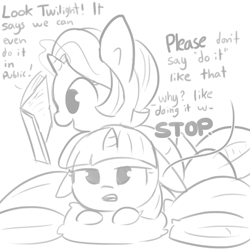 Size: 1080x1080 | Tagged: safe, artist:tjpones, character:starlight glimmer, character:twilight sparkle, character:twilight sparkle (alicorn), species:alicorn, species:pony, species:unicorn, book, dialogue, duo, duo female, female, floppy ears, grayscale, lying on top of someone, mare, monochrome, pillow, platonic, platonic cuddling, reading, simple background, white background