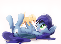 Size: 2250x1650 | Tagged: safe, artist:bugplayer, oc, oc only, oc:blue bat, species:bat pony, species:pony, blushing, commission, cute, duo, female, looking at each other, lying down, mare, ocbetes, on back, open mouth, puppy, simple background, smiling, solo, tongue out, white background