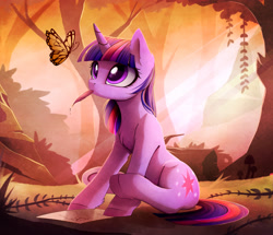 Size: 2254x1941 | Tagged: safe, artist:magnaluna, character:twilight sparkle, character:twilight sparkle (unicorn), species:pony, species:unicorn, butterfly, chest fluff, commission, crepuscular rays, cute, drawing, eyelashes, eyes on the prize, female, fluffy, forest, ink, looking at something, looking up, mare, mouth hold, nature, paper, quill, sitting, solo, twiabetes, unshorn fetlocks