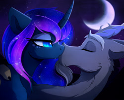 Size: 2480x2013 | Tagged: safe, artist:magnaluna, character:discord, character:princess luna, species:alicorn, species:draconequus, species:pony, ship:lunacord, chest fluff, chin fluff, crescent moon, curved horn, ear fluff, eyes closed, female, fluffy, galaxy mane, horns, kissing, lidded eyes, male, moon, neck fluff, night, shipping, straight