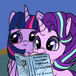 Size: 1080x1080 | Tagged: safe, artist:duop-qoub, artist:tjpones, character:starlight glimmer, character:twilight sparkle, character:twilight sparkle (alicorn), species:alicorn, species:pony, species:unicorn, :t, blushing, book, chest fluff, cuddling, cute, duo, duo female, embarrassed, female, glimmerbetes, mare, platonic, platonic cuddling, smiling, twiabetes