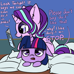 Size: 1080x1080 | Tagged: safe, artist:duop-qoub, artist:tjpones, character:starlight glimmer, character:twilight sparkle, character:twilight sparkle (alicorn), species:alicorn, species:pony, species:unicorn, blushing, book, cuddling, dialogue, duo, duo female, ear fluff, embarrassed, female, floppy ears, innocent innuendo, mare, pillow, platonic, platonic cuddling