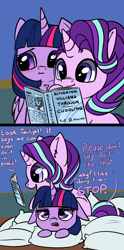 Size: 1080x2184 | Tagged: safe, artist:duop-qoub, artist:tjpones, character:starlight glimmer, character:twilight sparkle, character:twilight sparkle (alicorn), species:alicorn, species:pony, species:unicorn, :t, blushing, book, chest fluff, comic, cuddling, dialogue, ear fluff, floppy ears, innuendo, lidded eyes, open mouth, pillow, pillow fort, platonic, prone, reading, sitting, smiling, stop, unamused