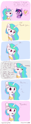 Size: 1276x5024 | Tagged: safe, artist:dsp2003, artist:tjpones, edit, character:princess celestia, character:twilight sparkle, character:twilight sparkle (alicorn), species:alicorn, species:pony, ship:twinkie, absurd resolution, colored, comic, dialogue, forgetful, magic, memory problems, nailed it, scroll, telekinesis, thought bubble, vulgar