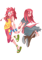 Size: 800x1132 | Tagged: safe, artist:gomigomipomi, artist:oxeyclean, character:pinkamena diane pie, character:pinkie pie, species:human, boots, clothing, dress, holding hands, humanized, sandals, simple background, transparent background