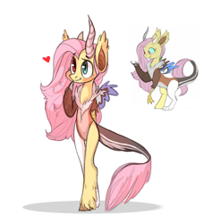 Size: 1280x1295 | Tagged: safe, artist:carnifex, artist:kapusha-blr, character:fluttershy, species:draconequus, draconequified, female, flutterequus, heart, semi-anthro, simple background, smiling, solo, species swap, white background