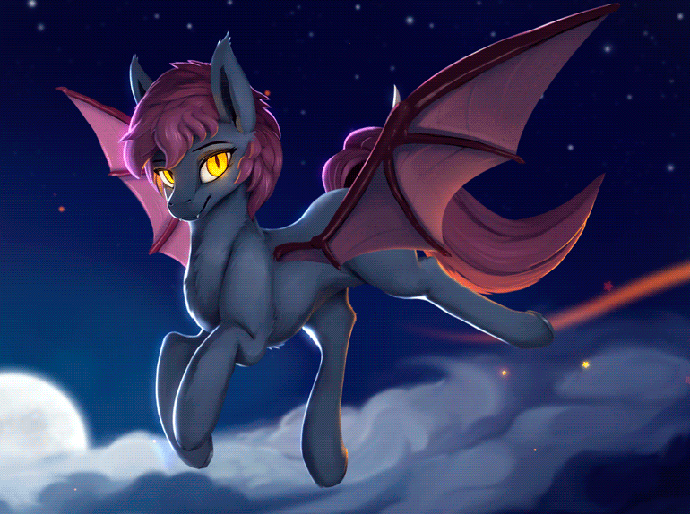 Size: 770x574 | Tagged: safe, artist:rodrigues404, oc, oc only, oc:ventress, species:bat pony, species:pony, animated, bat pony oc, chest fluff, cinemagraph, commission, ear fluff, female, flying, gif, glowing eyes, night, solo, stars