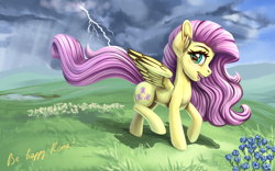 Size: 3840x2400 | Tagged: safe, artist:roadsleadme, character:fluttershy, species:pegasus, species:pony, female, flower, grass field, happy, lightning, mare, open mouth, scenery, solo