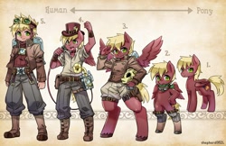 Size: 3000x1941 | Tagged: safe, artist:shepherd0821, oc, oc only, oc:neostrike, species:anthro, species:human, species:pegasus, species:pony, anthro chart, anthro oc, anthro with ponies, bipedal, chart, clothing, commission, dieselpunk, hat, humanized, humanized oc, looking at you, male, microphone, semi-anthro, smiling, spread wings, stallion, standing, steampunk, the rocketeer, wings