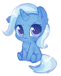 Size: 659x817 | Tagged: safe, artist:millioncookies, character:trixie, species:pony, species:unicorn, :t, blushing, chest fluff, chibi, colored pupils, cute, diatrixes, ear fluff, female, filly, filly trixie, floppy ears, fluffy, frown, glare, grumpy, looking at you, mare, millioncookies is trying to murder us, pouting, scrunchy face, simple background, sitting, solo, weapons-grade cute, white background