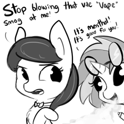 Size: 1080x1080 | Tagged: safe, artist:tjpones, character:dj pon-3, character:octavia melody, character:vinyl scratch, species:earth pony, species:pony, species:unicorn, bow tie, chest fluff, collar, comic, dialogue, grayscale, menthol, monochrome, octavia is not amused, simple background, single panel, sketch, smoking, sunglasses, tumblr, unamused, vape, vaping, white background