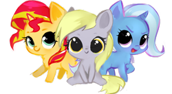Size: 800x438 | Tagged: safe, artist:millioncookies, character:derpy hooves, character:sunset shimmer, character:trixie, species:pegasus, species:pony, species:unicorn, chibi, cute, derpabetes, diatrixes, female, filly, filly derpy, filly sunset shimmer, filly trixie, millioncookies is trying to murder us, shimmerbetes, simple background, transparent background, trio, younger