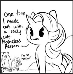 Size: 851x863 | Tagged: safe, artist:tjpones, character:starlight glimmer, character:trixie, species:pony, species:unicorn, ship:startrix, black and white, confession, dialogue, female, grayscale, homeless, lesbian, missing cutie mark, monochrome, pony confession, shipping, trixie is poor, trixie's wagon
