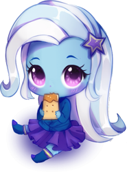 Size: 413x559 | Tagged: safe, artist:millioncookies, character:trixie, my little pony:equestria girls, blushing, chibi, crackers, cute, diatrixes, female, food, looking at you, millioncookies is trying to murder us, peanut butter, peanut butter crackers, simple background, solo, that human sure does love peanut butter crackers, transparent background, weapons-grade cute