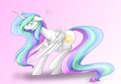 Size: 600x420 | Tagged: source needed, useless source url, safe, artist:azurepicker, character:princess celestia, species:alicorn, species:pony, blushing, floppy ears, raised hoof, simple background, solo