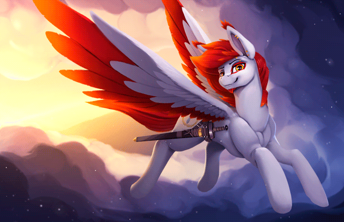 Size: 700x452 | Tagged: safe, artist:rodrigues404, oc, oc only, species:pegasus, species:pony, animated, cinemagraph, colored wings, commission, flying, gif, looking at you, multicolored wings, solo, spread wings, sword, weapon, wings