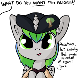 Size: 475x475 | Tagged: safe, artist:tjpones, oc, oc only, oc:tree time, species:alicorn, species:pony, alicorn oc, clothing, hat, offscreen character, simple background, what do you want, white background