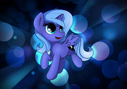 Size: 3508x2480 | Tagged: safe, artist:conniethecasanova, artist:flamevulture17, edit, character:princess luna, species:alicorn, species:pony, color edit, colored, female, filly, high res, raised hoof, smiling, solo, wallpaper, wallpaper edit, woona, younger