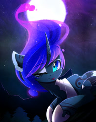 Size: 1982x2520 | Tagged: safe, artist:magnaluna, character:princess luna, species:alicorn, species:pony, blep, cheek fluff, curved horn, cute, ear fluff, female, floppy ears, galaxy mane, leg fluff, looking at you, lunabetes, mare, moon, neck fluff, night, one eye closed, solo, tongue out, tree, wink