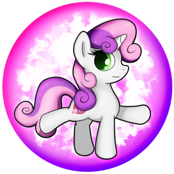 Size: 900x900 | Tagged: safe, artist:flamevulture17, character:sweetie belle, species:pony, species:unicorn, commission, extended trot pose, looking at you, orb, raised hoof, raised leg, smiling, solo