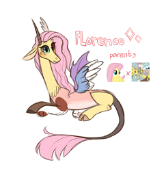 Size: 1024x1068 | Tagged: safe, artist:kapusha-blr, character:discord, character:fluttershy, oc, oc only, oc:florence, parent:discord, parent:fluttershy, parents:discoshy, species:draconequus, species:pony, female, heterochromia, hybrid, interspecies offspring, offspring, simple background, solo, white background