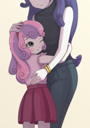 Size: 579x819 | Tagged: safe, artist:agaberu, character:rarity, character:sweetie belle, my little pony:equestria girls, blushing, boob smothering, bracelet, clothing, cute, diasweetes, duo, female, hairband, hug, jeans, jewelry, one eye closed, pants, shirt, sisters, skirt, sleeveless sweater, smiling, smothering, sweet dreams fuel