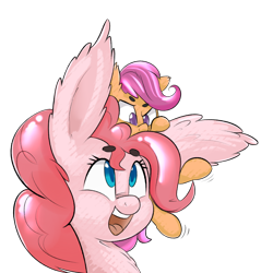 Size: 2000x2000 | Tagged: safe, artist:zapplebow, character:pinkie pie, character:scootaloo, species:earth pony, species:pegasus, species:pony, duo, ear fluff, ear grab, female, filly, large ears, open mouth, simple background, smiling, style emulation
