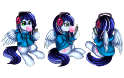Size: 3862x2455 | Tagged: safe, artist:pridark, oc, oc only, oc:bubble splat, species:pegasus, species:pony, bubblegum, clothing, commission, female, food, green eyes, gum, headphones, hoodie, lidded eyes, mare, mp3 player, simple background, sitting, solo, sweater, transparent background