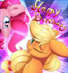 Size: 2600x2800 | Tagged: safe, artist:madacon, character:applejack, character:pinkie pie, species:earth pony, species:pony, color porn, cute, female, freckles, happy birthday, jackabetes, mare, one eye closed, tongue out, wink