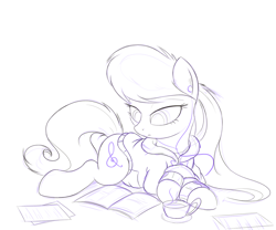 Size: 1280x1067 | Tagged: safe, artist:bugplayer, character:octavia melody, species:earth pony, species:pony, clothing, earbuds, female, food, hoodie, magazine, mare, monochrome, prone, reading, sketch, solo, tea