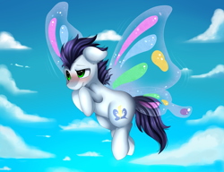 Size: 2927x2245 | Tagged: safe, artist:pridark, character:soarin', species:earth pony, species:pegasus, species:pony, blushing, butterfly wings, cloud, commission, cute, flying, male, race swap, sky, solo, stallion