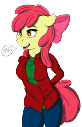 Size: 3850x5950 | Tagged: safe, artist:lula-moonarts, character:apple bloom, species:anthro, absurd resolution, clothing, dialogue, female, open mouth, pants, question mark, simple background, solo, speech bubble, transparent background