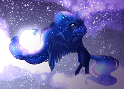 Size: 2448x1772 | Tagged: safe, artist:immagoddampony, artist:jemmiej18, character:princess luna, species:alicorn, species:pony, flying, galaxy mane, moon, pony bigger than a planet, prehensile mane, solo, tangible heavenly object