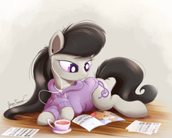 Size: 2250x1800 | Tagged: safe, artist:bugplayer, character:octavia melody, species:earth pony, species:pony, clothing, colored pupils, crossed hooves, cup, earbuds, female, food, hoodie, magazine, mare, paper, prone, reading, solo, sweater, tea, teacup