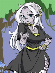 Size: 500x662 | Tagged: safe, artist:shepherd0821, character:zecora, species:anthro, species:zebra, alternate hairstyle, ambiguous facial structure, beckoning, clothing, costume, curvy, dress, everfree forest, hand on hip, lipstick, looking at you, nightmare night, poison joke, stockings, stupid sexy zecora