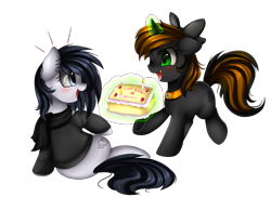 Size: 3509x2550 | Tagged: safe, artist:pridark, oc, oc only, species:earth pony, species:pony, species:unicorn, bow, cake, clothing, commission, duo, female, food, glowing horn, hair bow, magic, mare, one eye closed, open mouth, simple background, smiling, sweater, transparent background