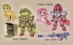 Size: 1210x750 | Tagged: safe, artist:shepherd0821, character:applejack, character:pinkie pie, species:earth pony, species:pony, duo, duo female, female, gundam, gundam ez8, gundam heavyarms, mare, partillery, party cannon